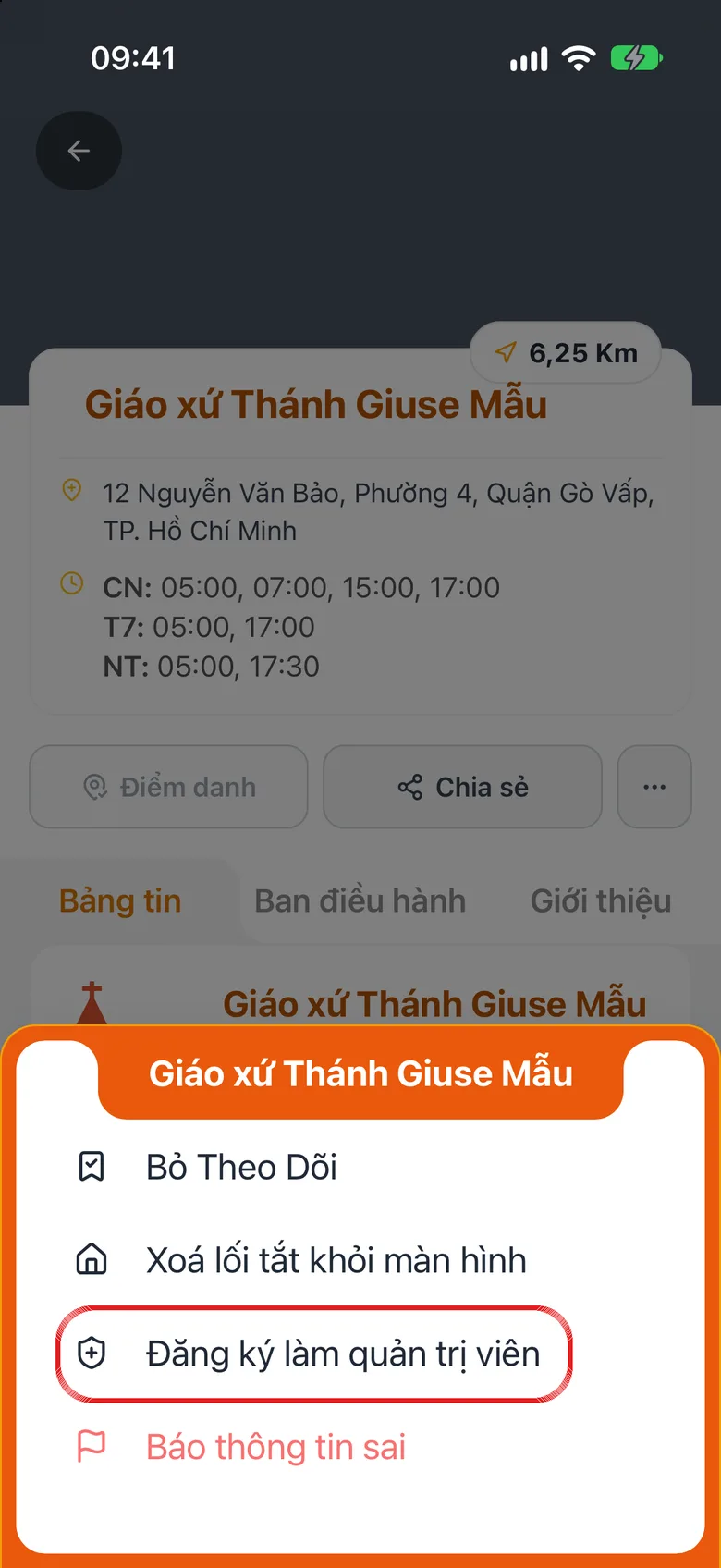 Danh sách thao tác của trang giáo xứ, dòng Đăng ký làm quản trị viên được khoanh