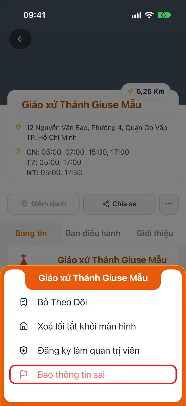 Bảng chọn «⋯» đang mở với dòng «Báo thông tin sai» được khoanh đỏ