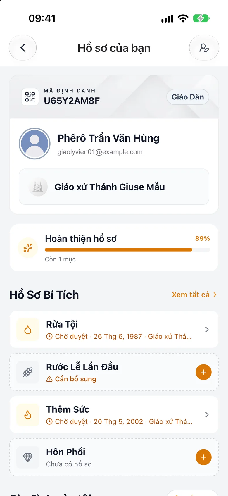 Trang hồ sơ cá nhân với phần «Hồ Sơ Bí Tích» và nút «Xem tất cả»