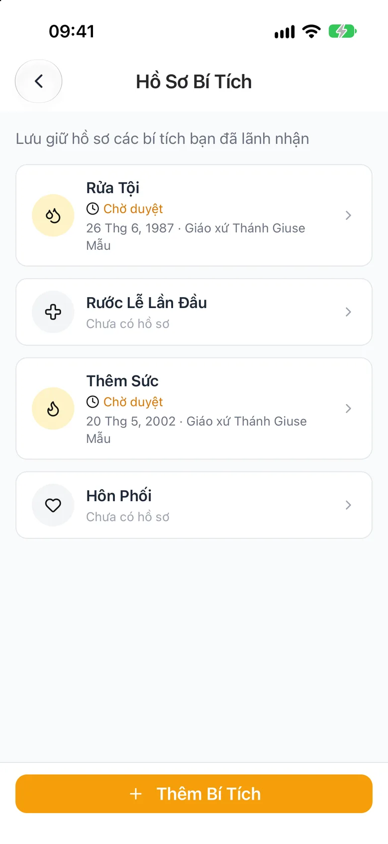 Danh sách các bí tích đã ghi nhận như Rửa Tội, Thêm Sức