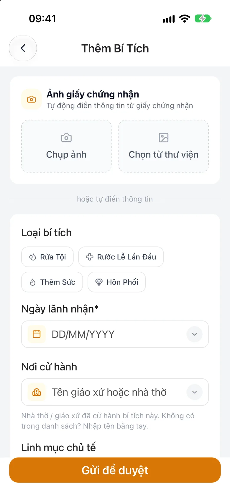 Màn hình Thêm Bí Tích với hai nút «Chụp ảnh» và «Chọn từ thư viện»