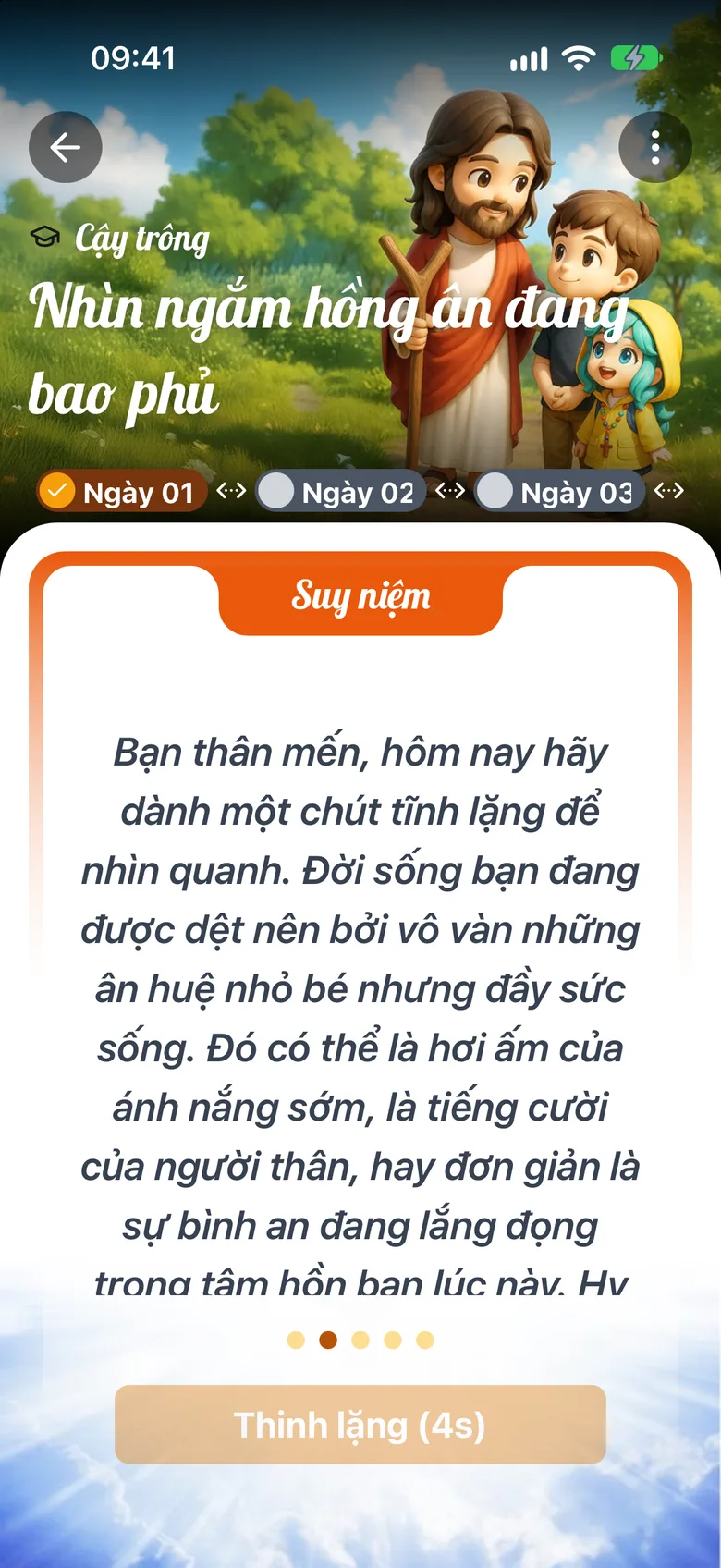 Một phần nội dung của ngày, ví dụ màn «Suy niệm», với nút đếm giây ở dưới