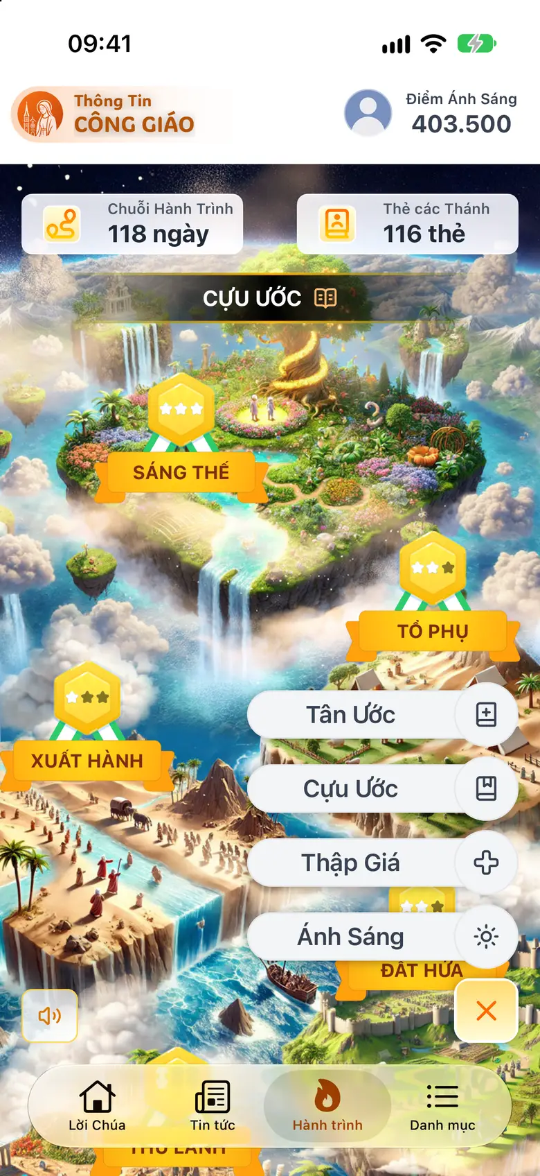 Nút bản đồ ở góc dưới bên phải đã mở, hiện các chặng Cựu Ước, Tân Ước, Thập Giá, Ánh Sáng