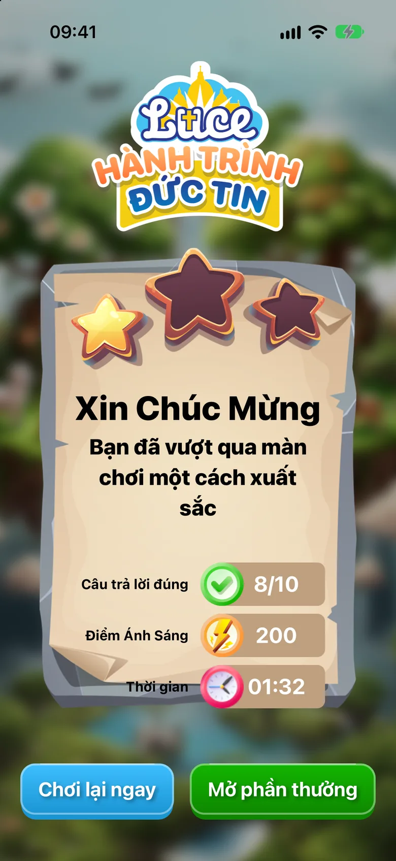 Màn kết quả với nút «Mở phần thưởng»