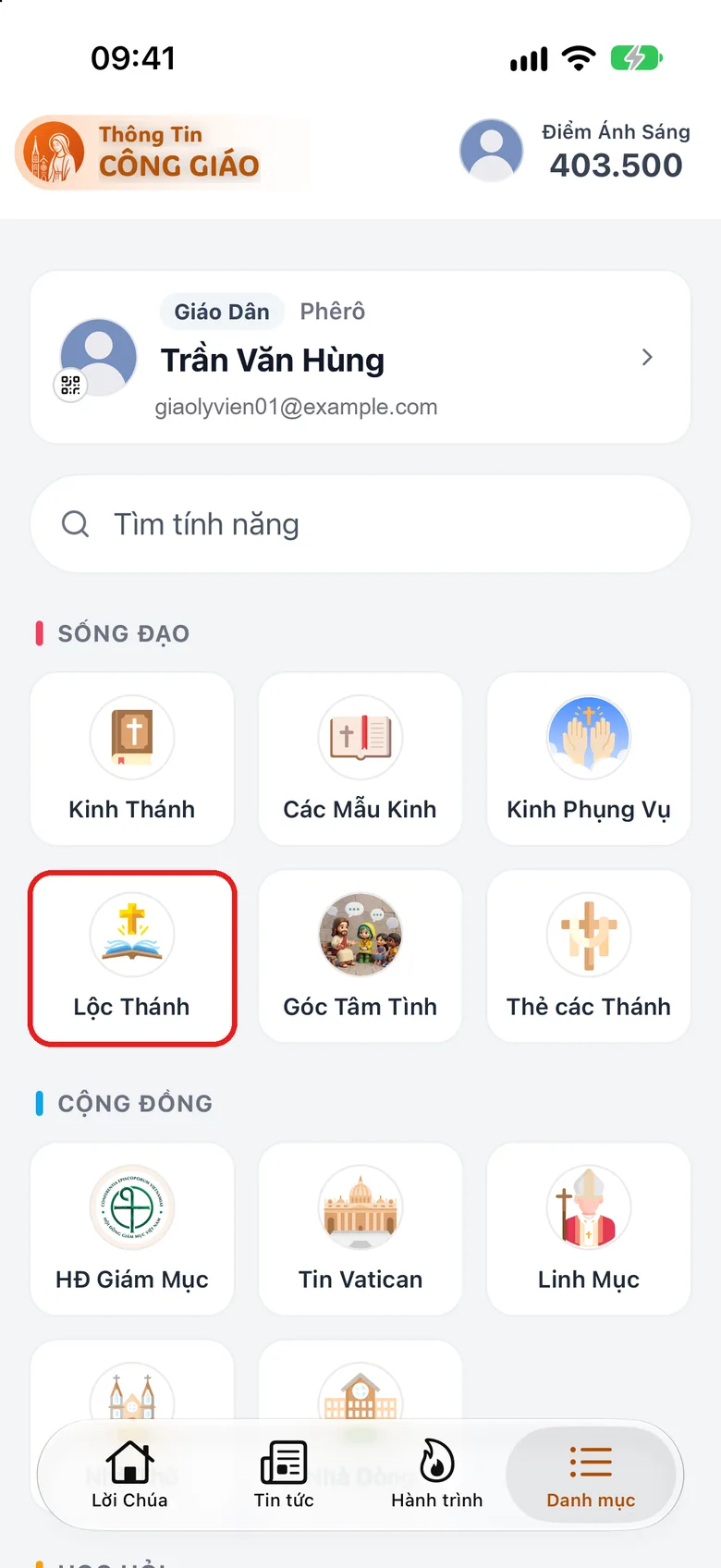 Thẻ Danh mục, nhóm Sống đạo với ô «Lộc Thánh» được khoanh đỏ