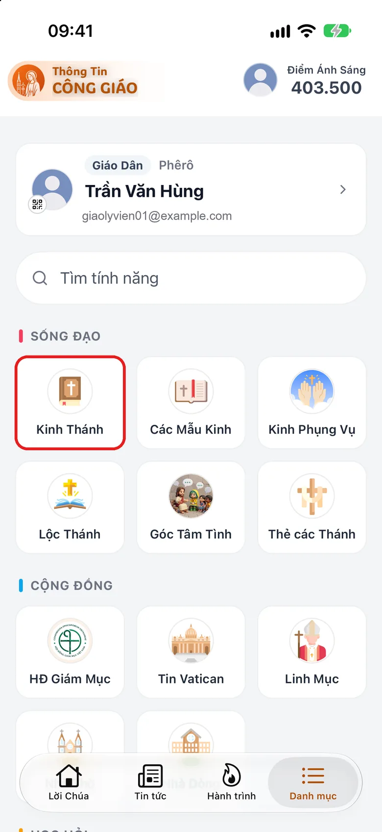 Thẻ Danh mục, nhóm Sống đạo với ô «Kinh Thánh» được khoanh đỏ