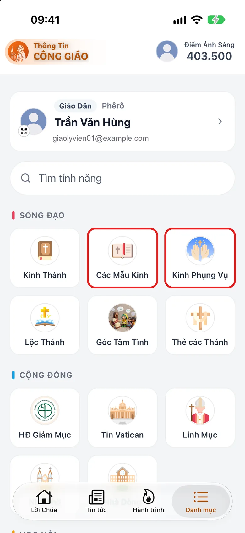 Thẻ Danh mục, nhóm Sống đạo với hai ô «Các Mẫu Kinh» và «Kinh Phụng Vụ» được khoanh đỏ