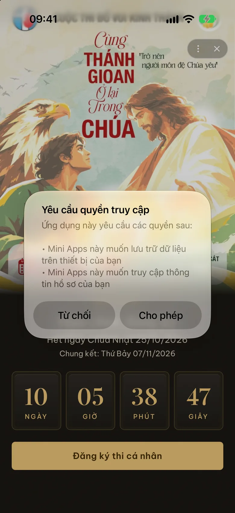 Hộp thoại «Yêu cầu quyền truy cập» với nút «Cho phép» và «Từ chối»