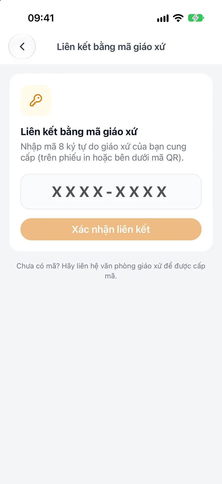 Màn hình «Liên kết bằng mã giáo xứ» với ô nhập mã 8 ký tự và nút «Xác nhận liên kết»