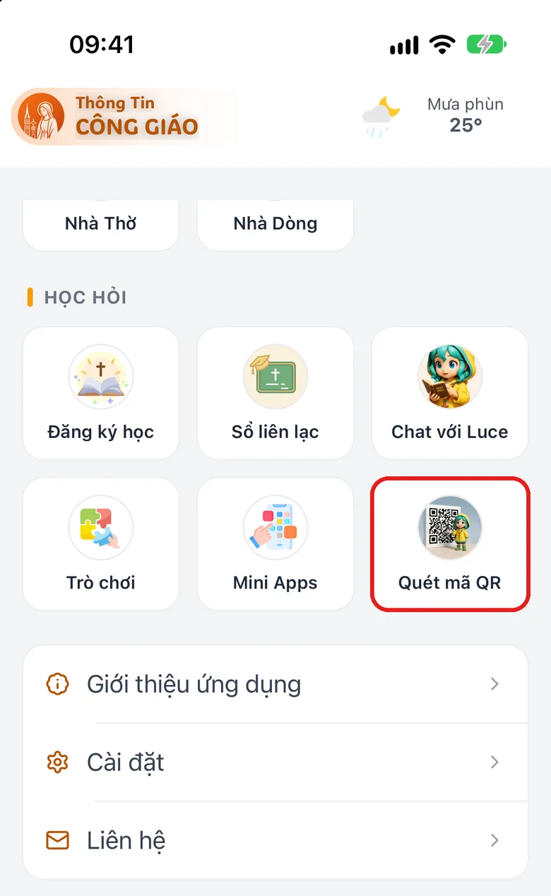 Thẻ Danh mục với ô «Quét mã QR» được khoanh đỏ