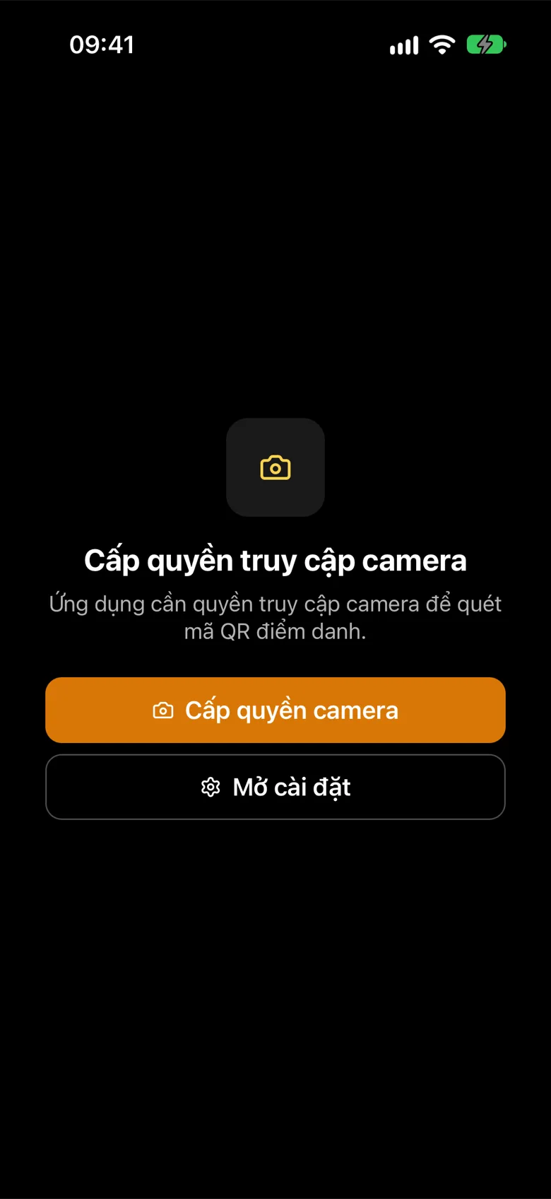 Màn «Cấp quyền truy cập camera» với nút «Cấp quyền camera» và «Mở cài đặt»