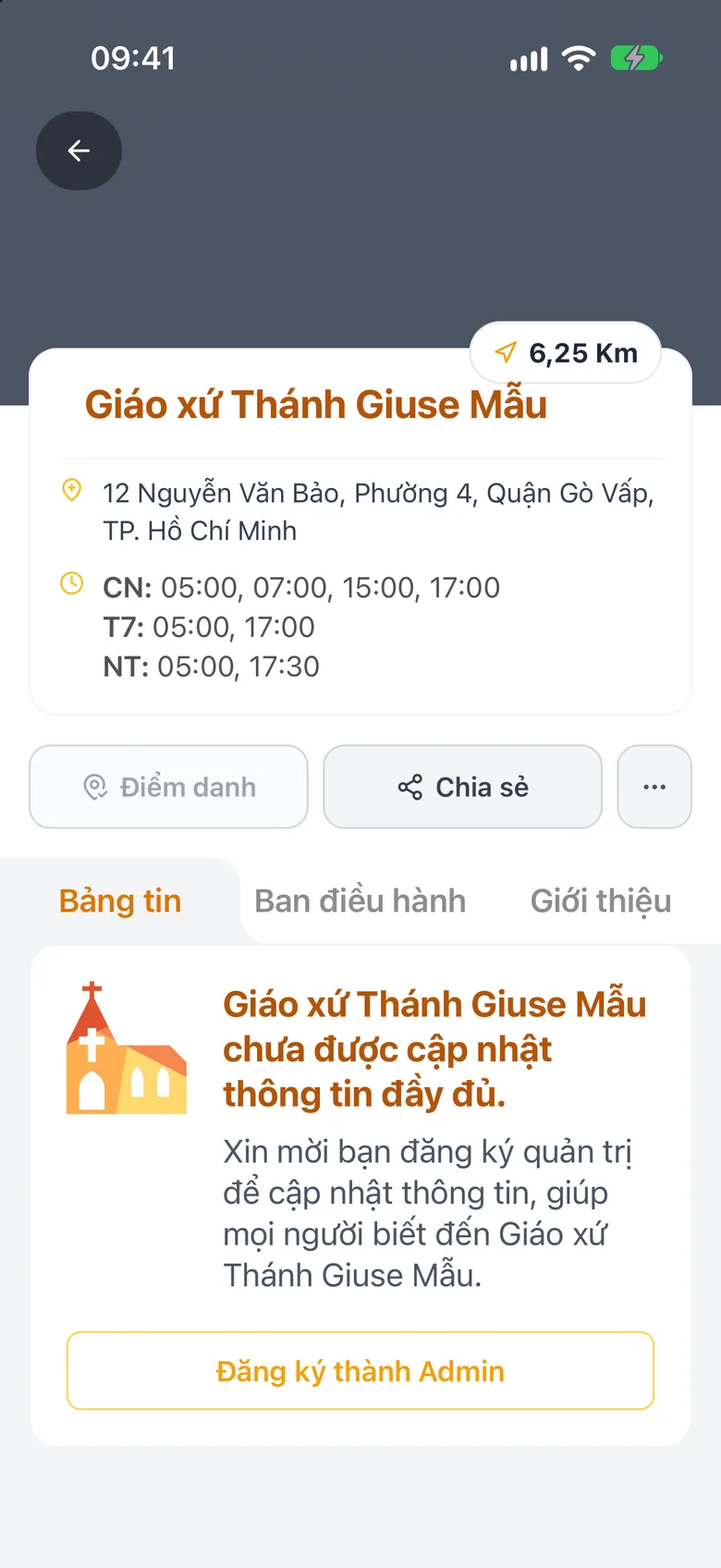 Trang nhà thờ vừa mở sau khi quét mã QR của nhà thờ