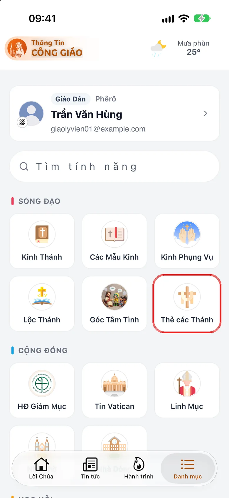 Thẻ Danh mục, nhóm Sống đạo với ô «Thẻ các Thánh» được khoanh đỏ