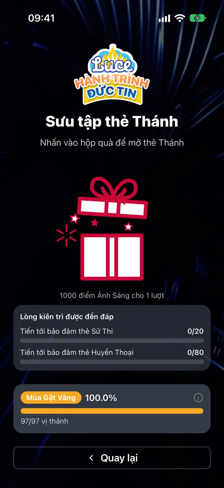 Màn hình mở quà với dòng «Nhấn vào hộp quà để mở thẻ Thánh»