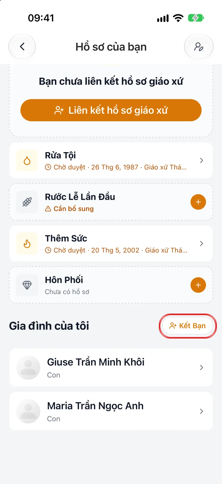 Mục «Gia đình của tôi» với nút «Kết Bạn»; khi chưa có ai thì có nút «Tạo hồ sơ người thân»