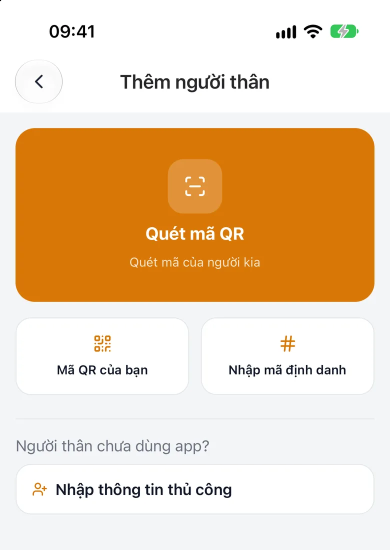 Ba lựa chọn «Quét mã QR», «Nhập mã định danh», «Nhập thông tin thủ công»