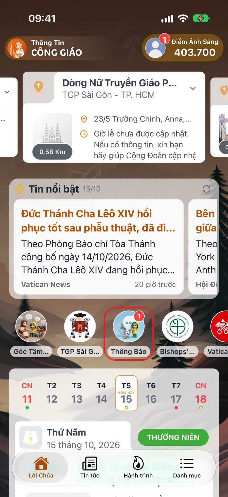 Thẻ Lời Chúa với hàng lối tắt, ô «Thông báo» được khoanh đỏ