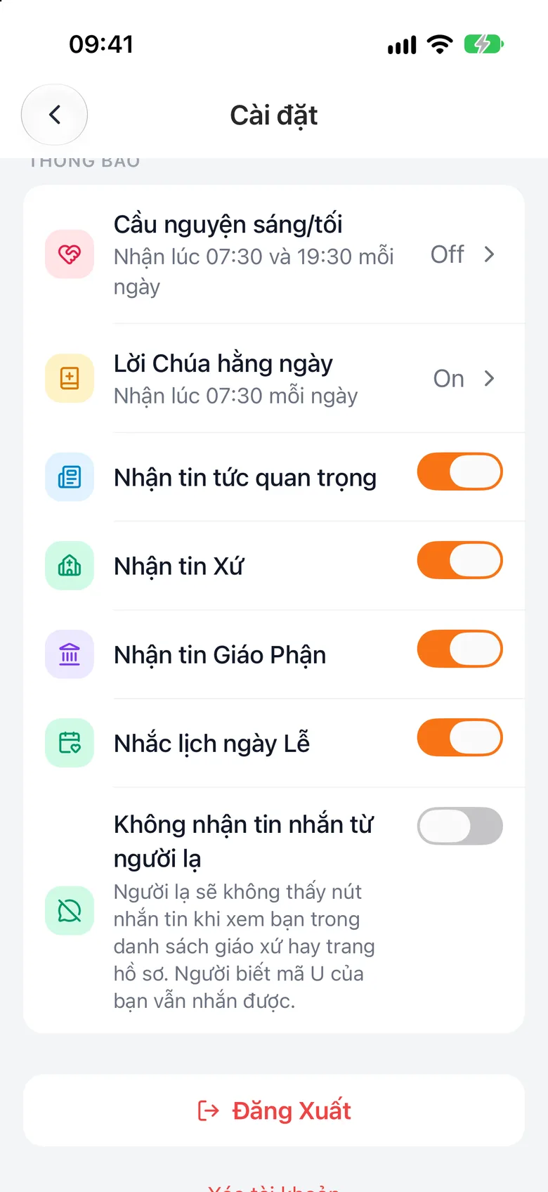 Màn hình Cài đặt, nhóm Thông báo với các công tắc