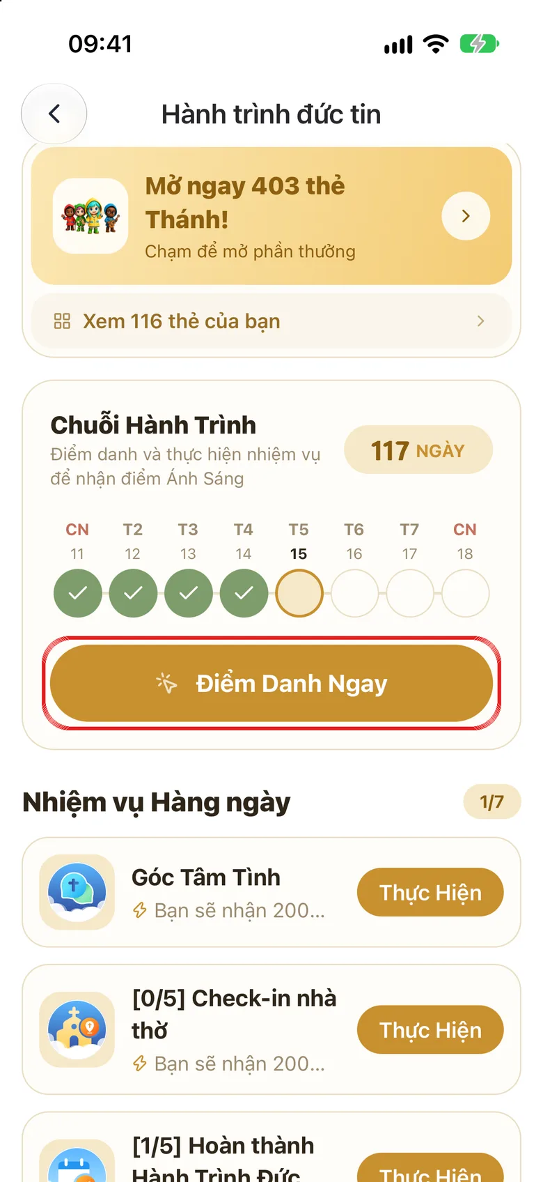 Màn hình Chuỗi Hành Trình với nút «Điểm Danh Ngay» được khoanh đỏ