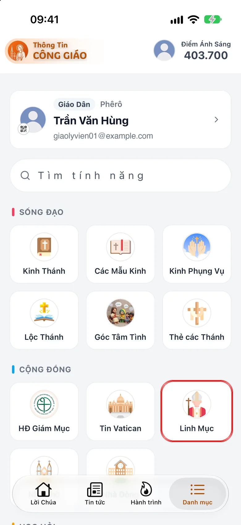 Thẻ Danh mục, nhóm Cộng đoàn với ô «Linh Mục» được khoanh đỏ