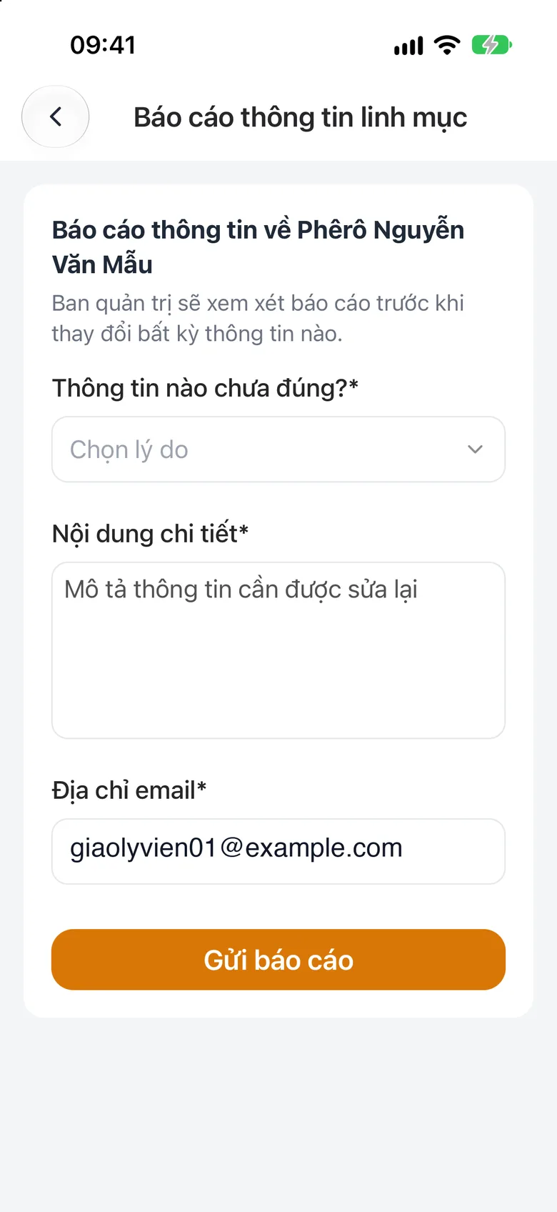 Biểu mẫu «Thông tin nào chưa đúng?» với ô «Chọn lý do», «Nội dung chi tiết» và nút «Gửi báo cáo»