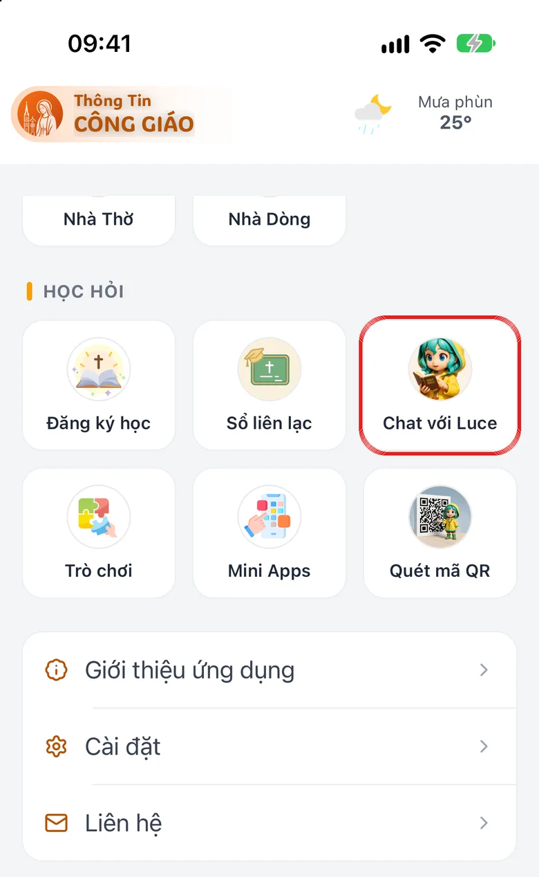 Thẻ Danh mục với ô «Chat với Luce» được khoanh đỏ