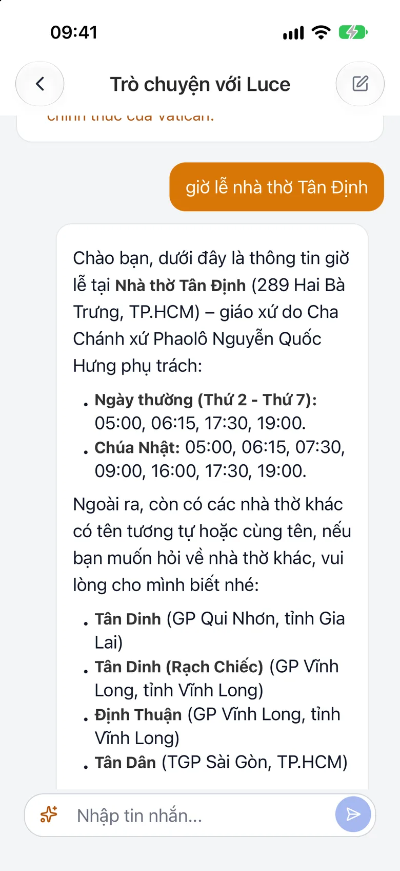 Cuộc trò chuyện với Luce, câu hỏi «giờ lễ nhà thờ Tân Định» và câu trả lời