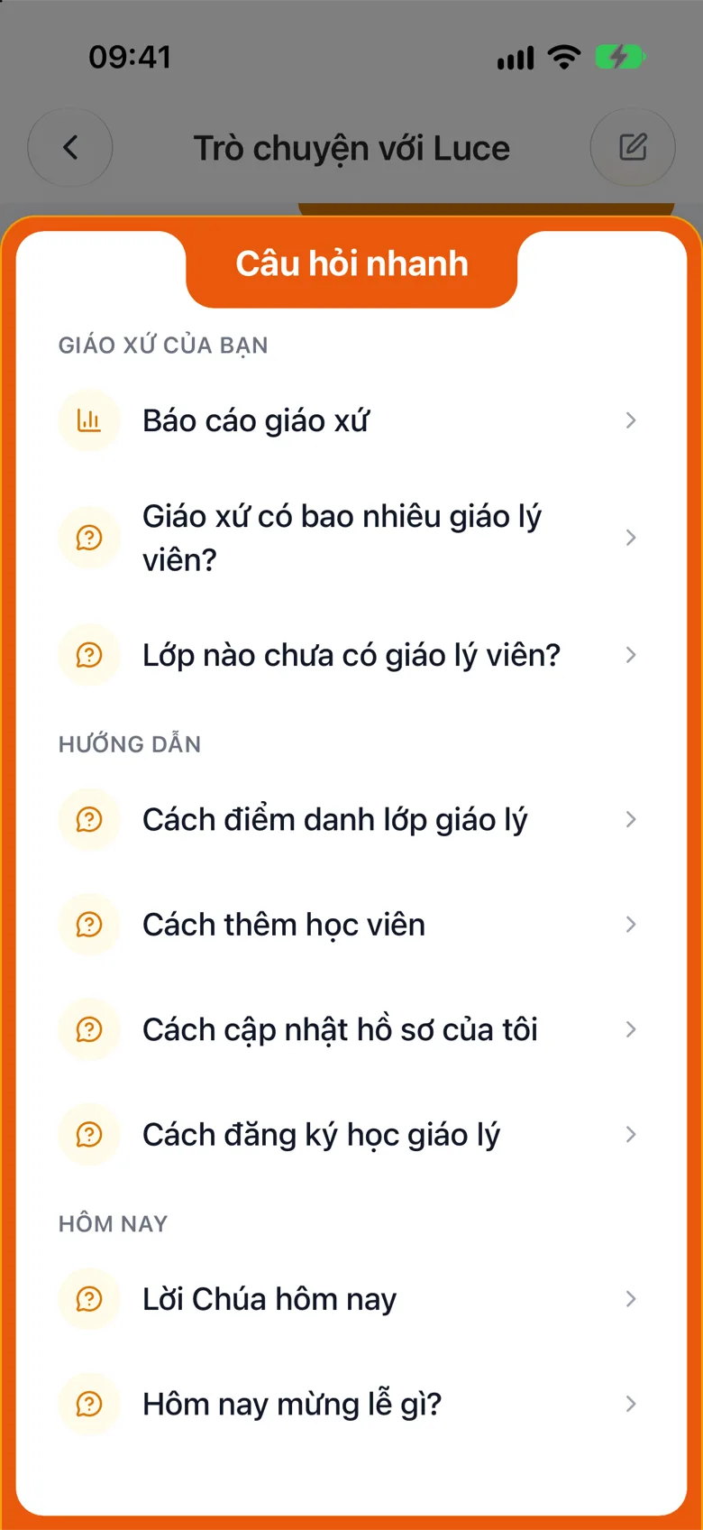 Danh sách câu hỏi soạn sẵn mở ra sau khi bấm nút ⚡ «Câu hỏi nhanh»