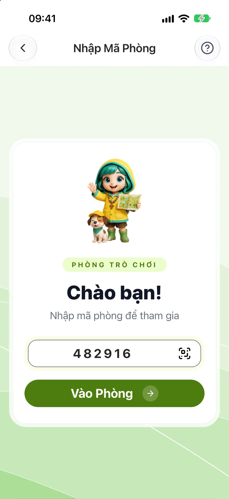 Ô «Nhập Mã Phòng» đã gõ mã, nút «Vào Phòng» và biểu tượng quét QR bên cạnh