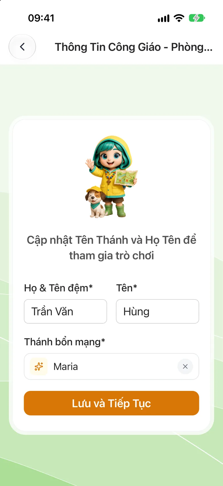 Biểu mẫu tên thánh, họ và tên với nút «Lưu và Tiếp Tục»