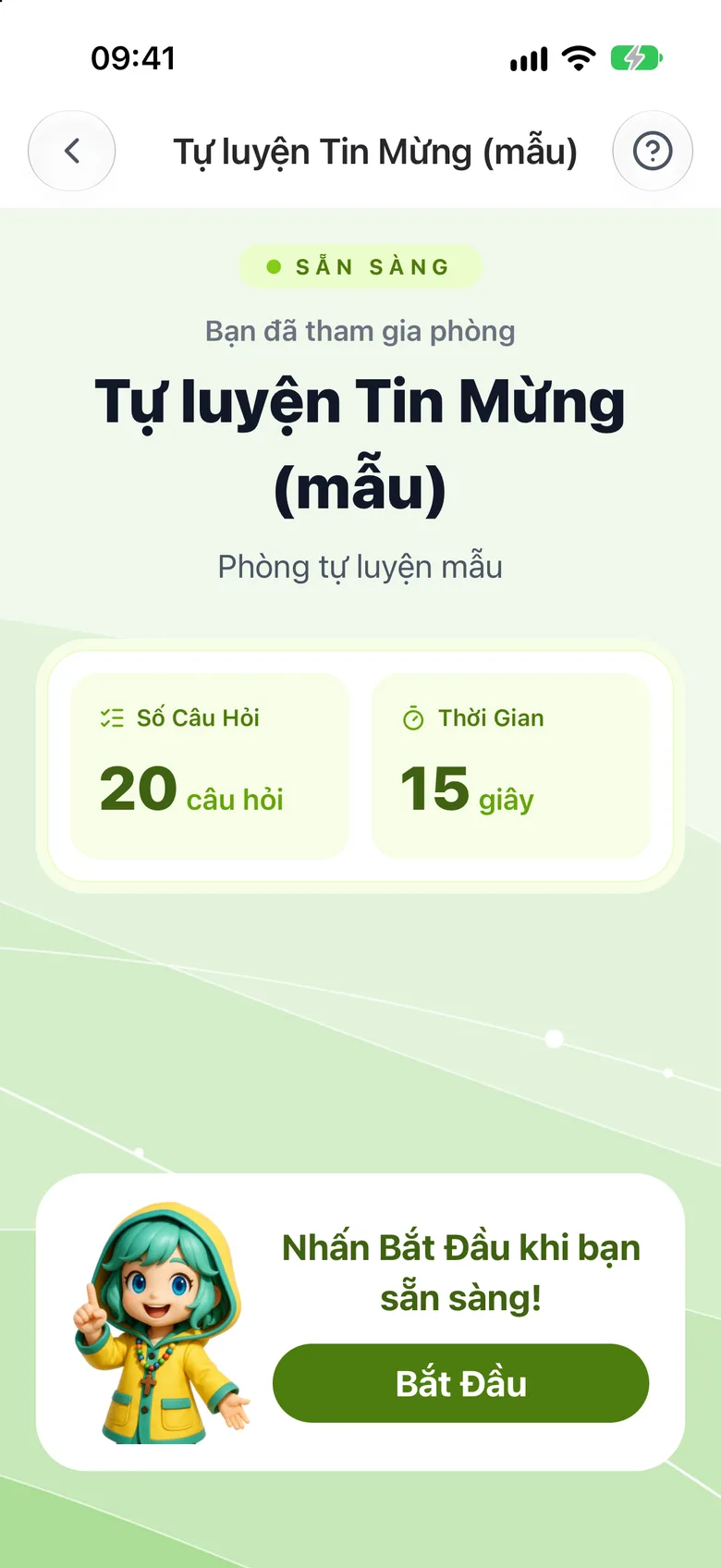 Màn hình trong phòng chơi; phòng tự luyện có nút «Bắt Đầu»