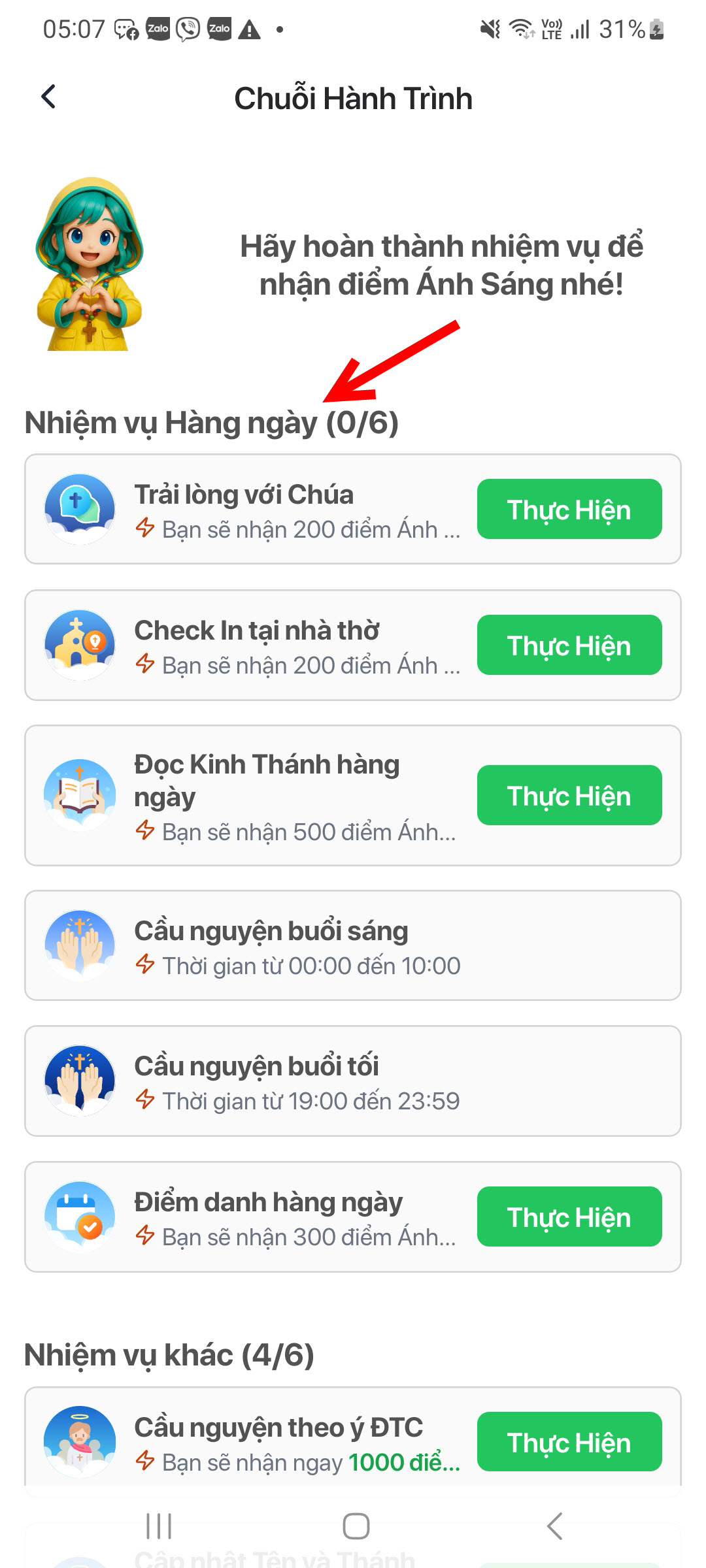 Danh sách nhiệm vụ hàng ngày