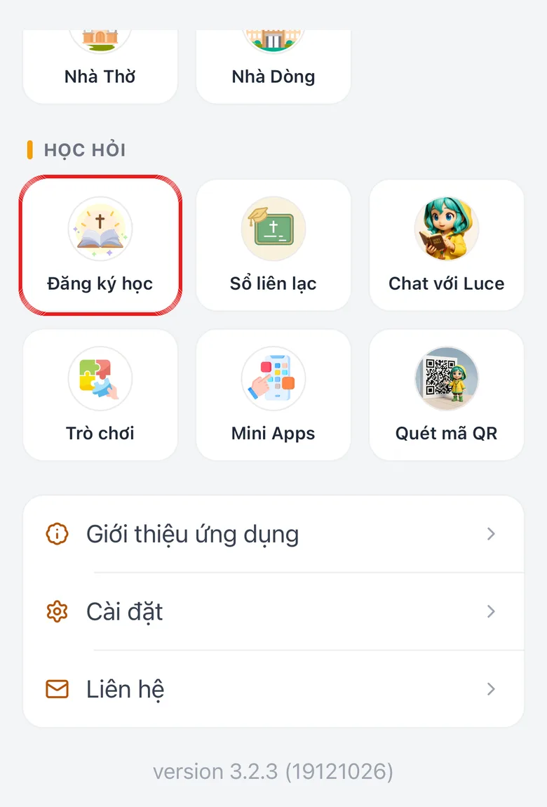 Trang Danh mục của ứng dụng, ô Đăng ký học được khoanh