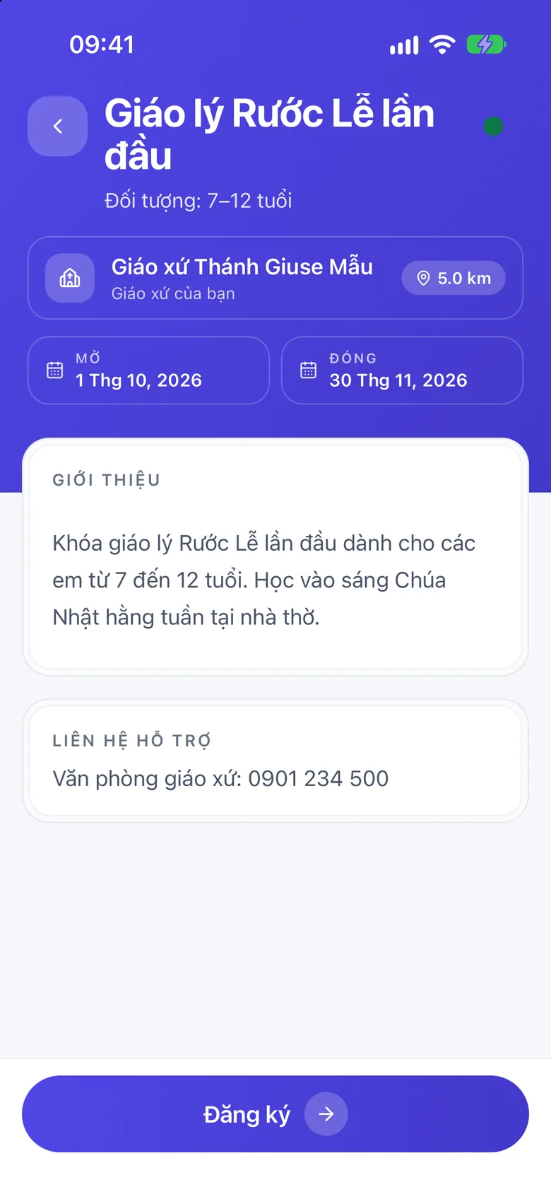 Màn chi tiết khóa học với tên khóa, hai ô ngày MỞ và ĐÓNG, chấm trạng thái xanh và nút Đăng ký ở cuối màn hình