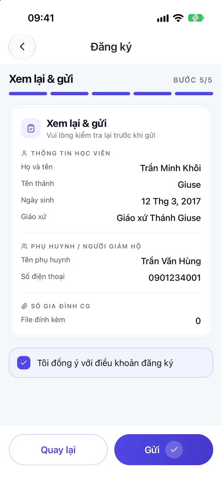 Bước Xem lại và gửi tóm tắt hồ sơ, nút Gửi ở cuối màn hình