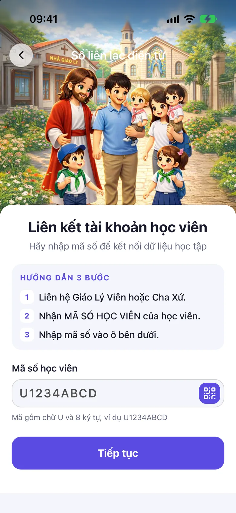 Màn Liên kết tài khoản học viên với ô Mã số học viên, nút Quét QR và nút Tiếp tục