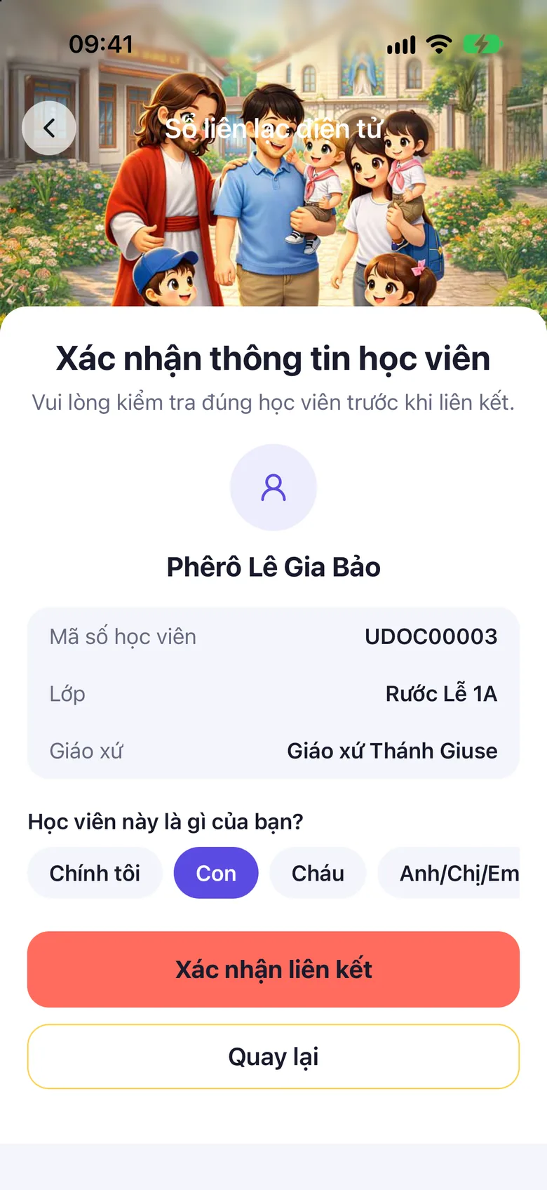 Màn Xác nhận thông tin học viên: mã số, lớp, giáo xứ, câu hỏi Học viên này là gì của bạn và nút Xác nhận liên kết