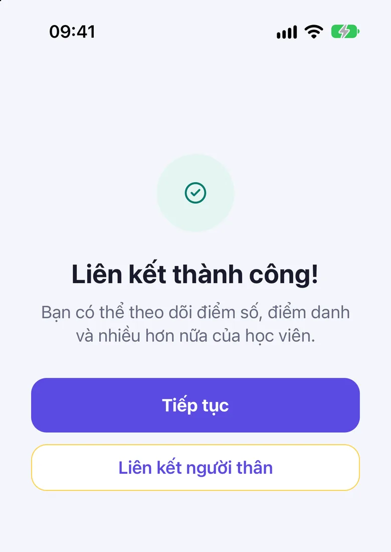 Màn Liên kết thành công! với nút Tiếp tục