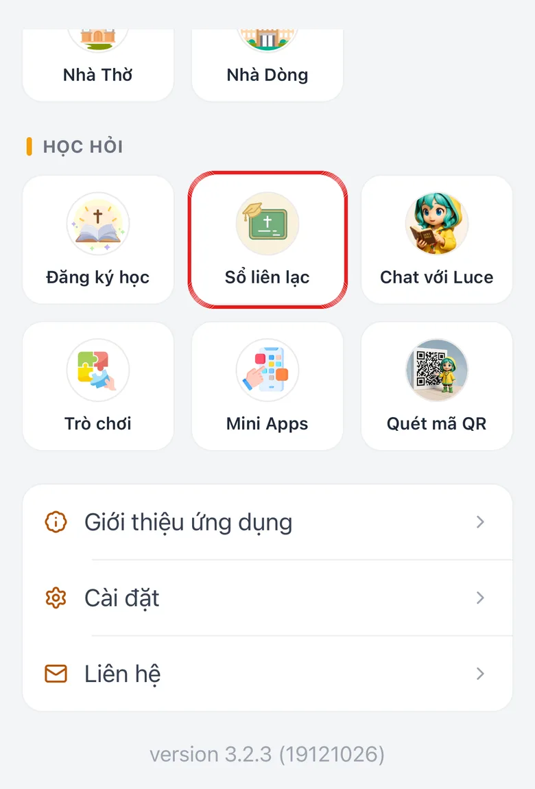 Trang Danh mục của ứng dụng, ô Sổ liên lạc được khoanh