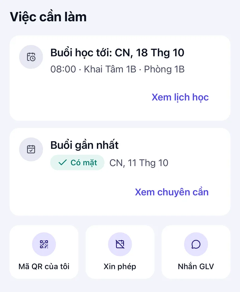 Thẻ Tổng quan với danh sách Việc cần làm và các nút Mã QR của tôi, Xin phép, Nhắn GLV