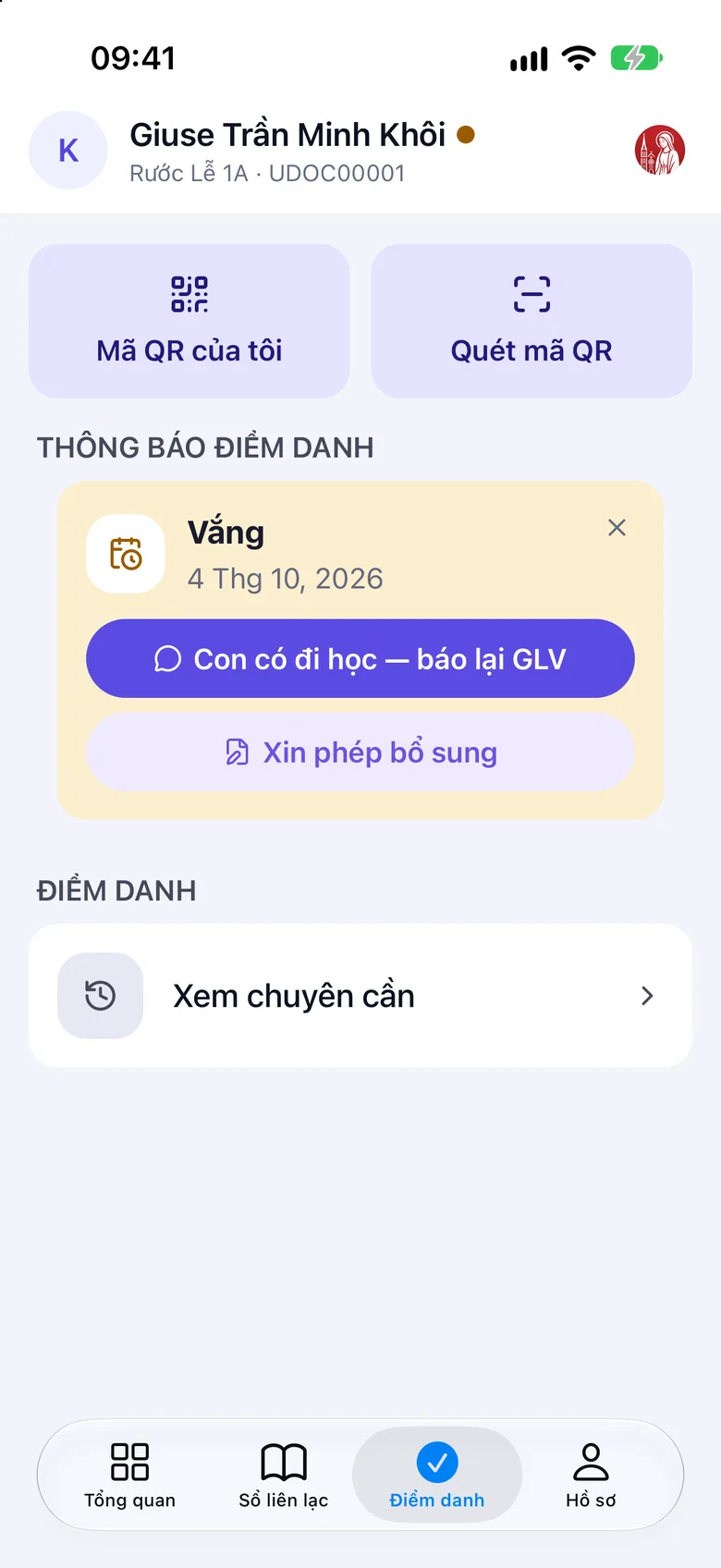 Thẻ Điểm danh với nút Mã QR của tôi, Quét mã QR và Xem chuyên cần
