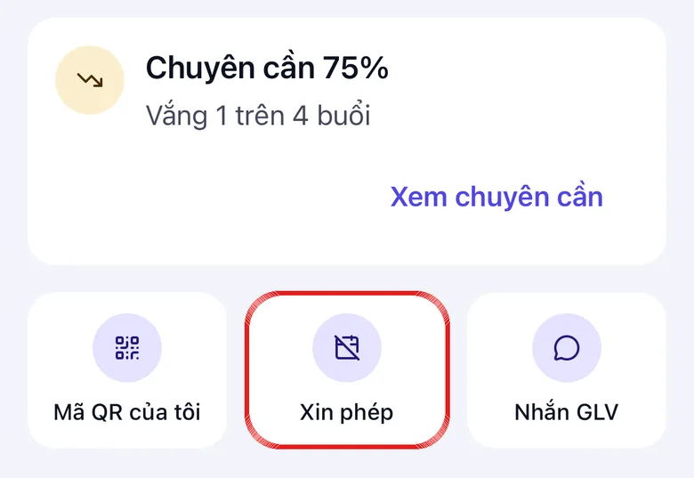 Thẻ Tổng quan của Sổ liên lạc, hàng nút nhanh ở cuối trang có nút Xin phép được khoanh