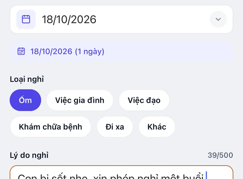 Các nút Loại nghỉ: Ốm, Việc gia đình, Việc đạo, Khám chữa bệnh, Đi xa, Khác, và ô Lý do nghỉ
