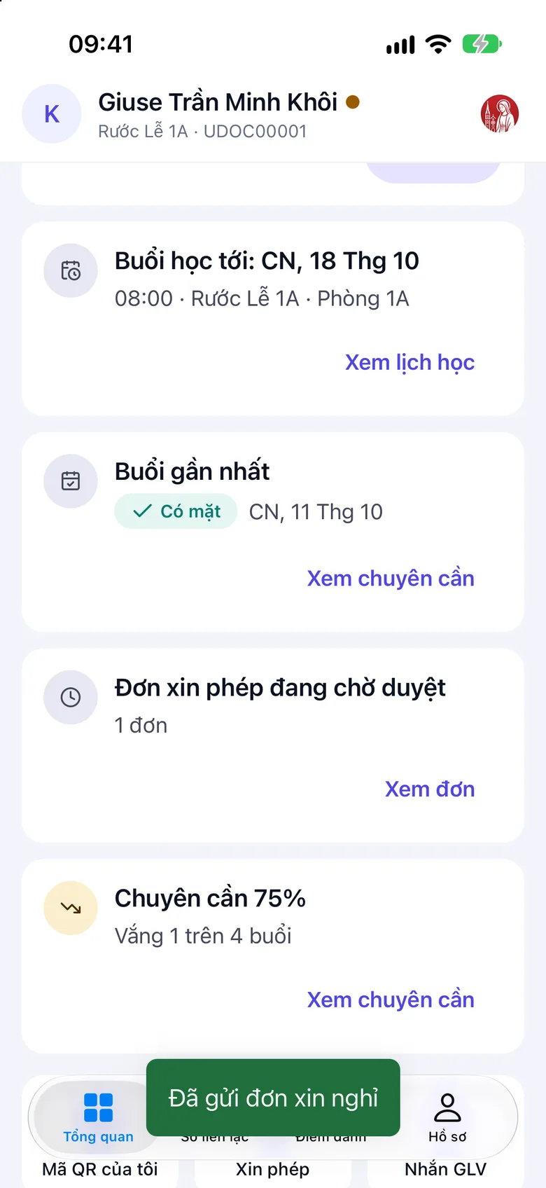 Thông báo Đã gửi đơn xin nghỉ và danh sách đơn xin nghỉ có đơn vừa gửi