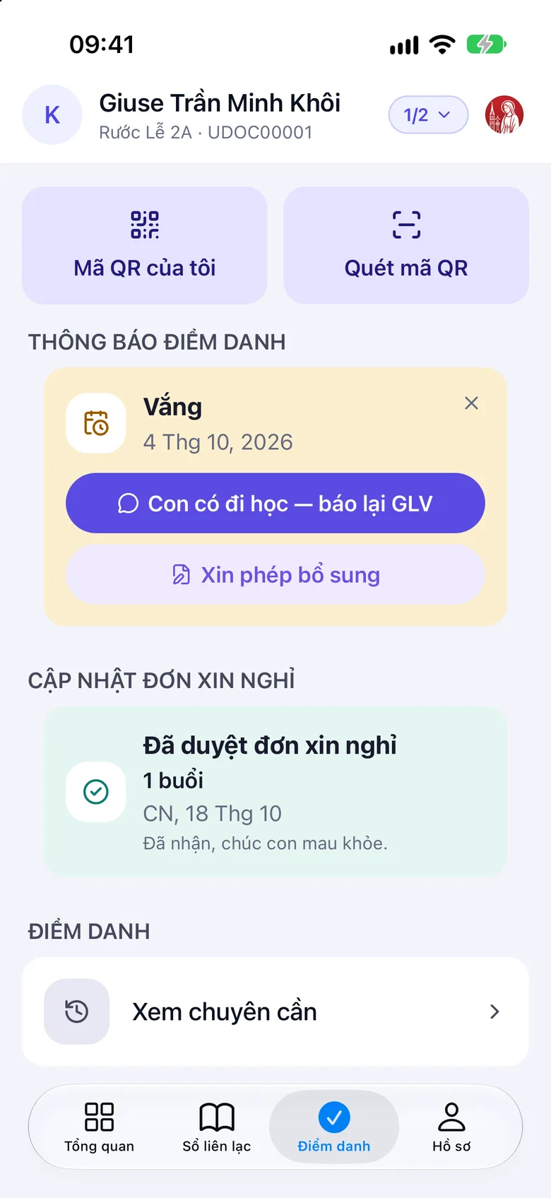 Thẻ Điểm danh, mục Cập nhật đơn xin nghỉ báo Đã duyệt đơn xin nghỉ