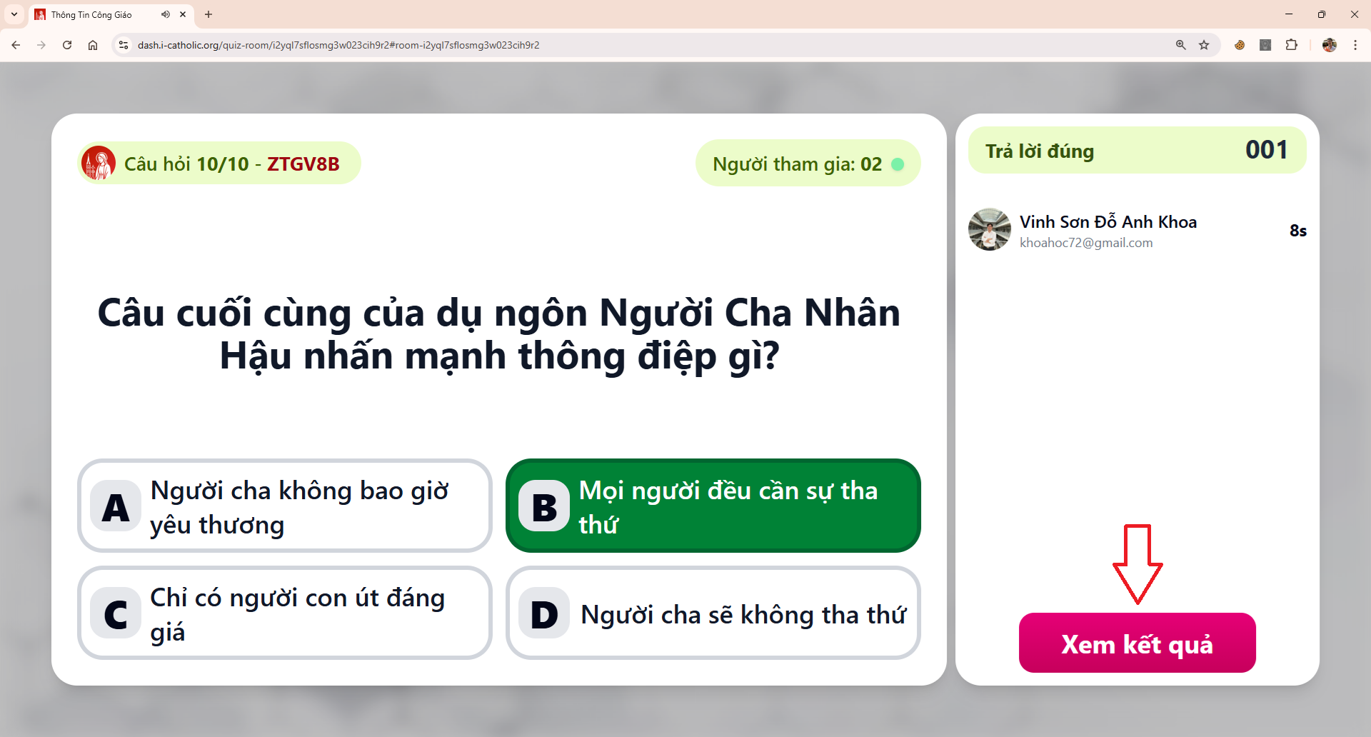 Nhấn nút xem kết quả