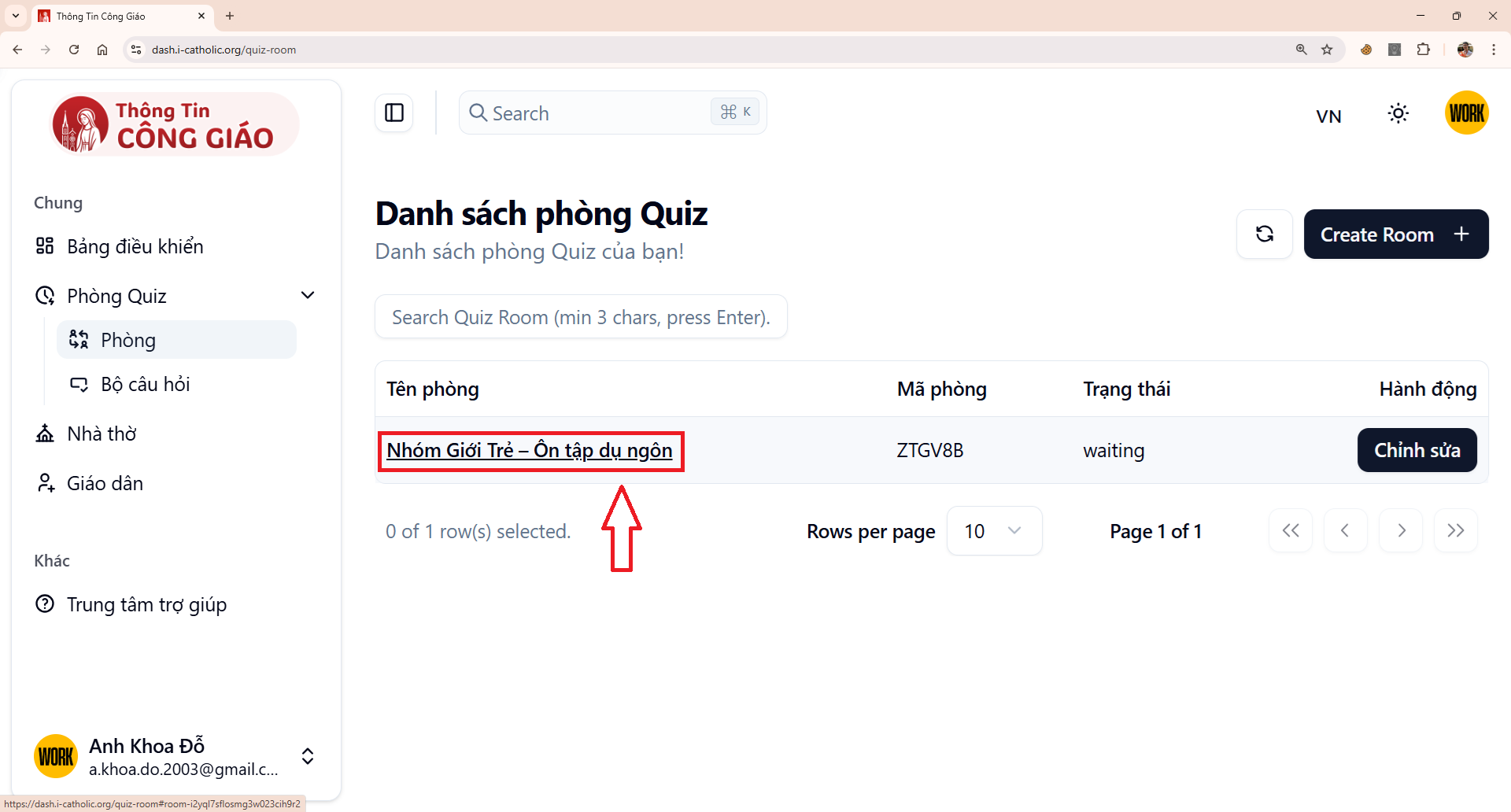 Chọn phòng trong dashboard