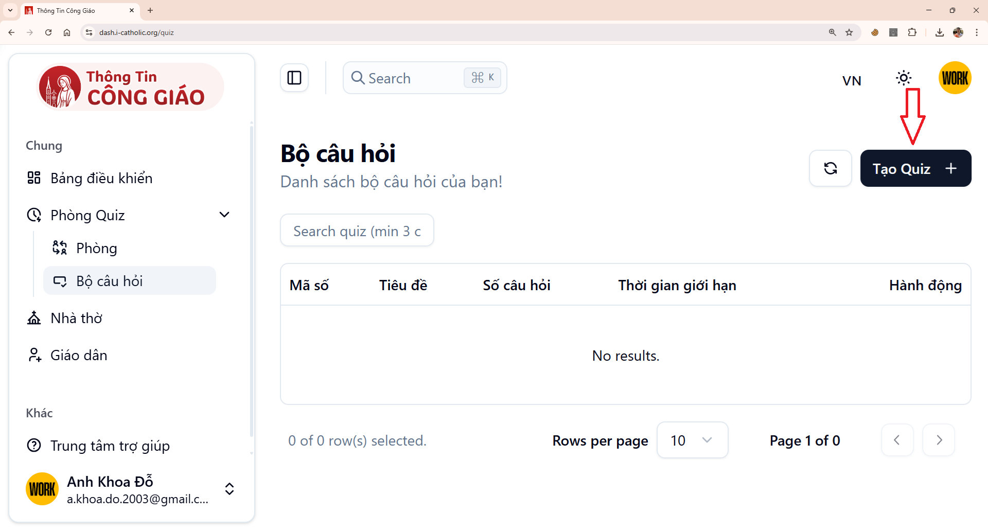 Nhấn nút tạo Quiz