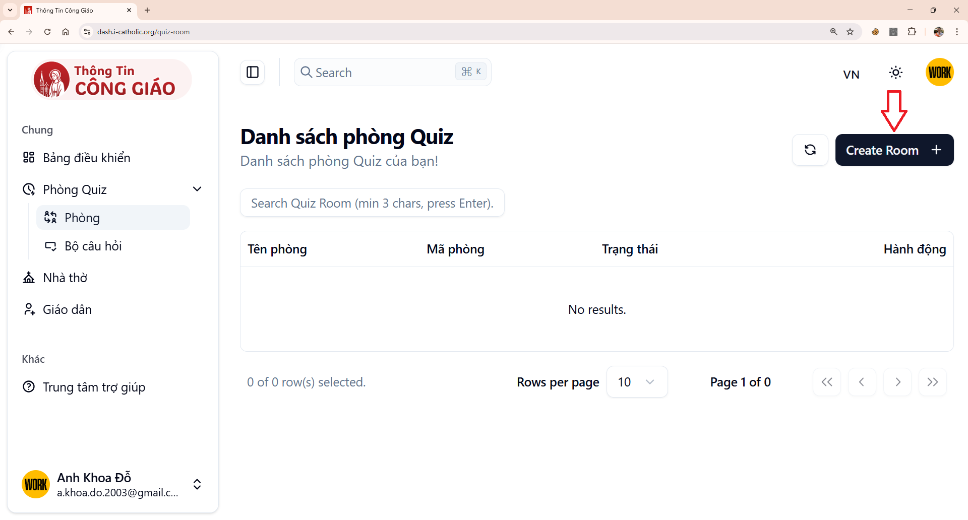 Nhấn nút tạo Phòng