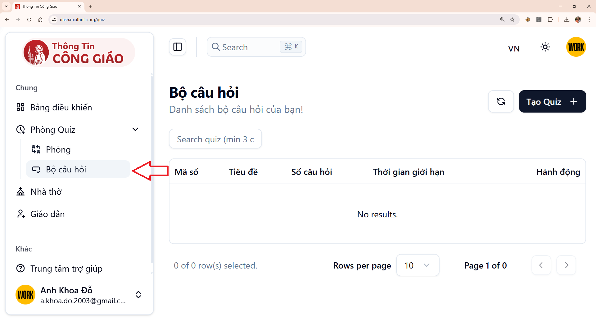 Chọn Menu Bộ câu hỏi